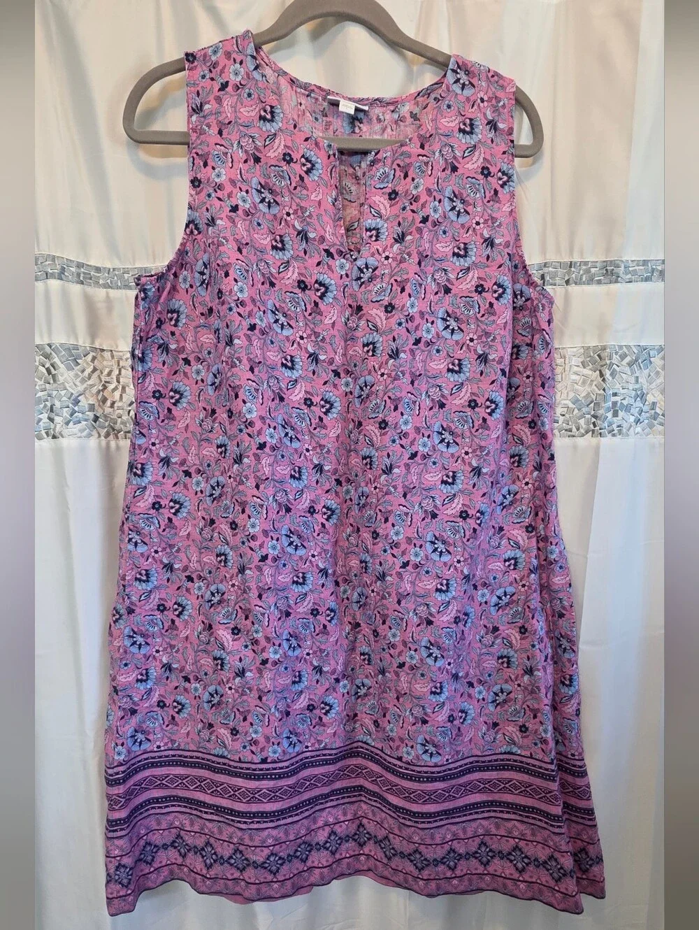 J. Jill Pink Floral Border Sleeveless Dress with Blue Accents